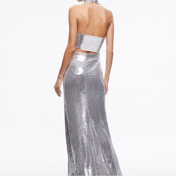 Alice + Olivia May Halter Neck Sequin Maxi Gown Dress Silver Women’s Sz 0 - Picture 4 of 8